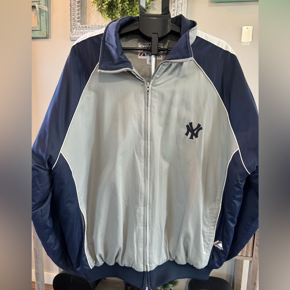 Majestic Blue and Gray Varsity Bomber Jacket with NY Logo